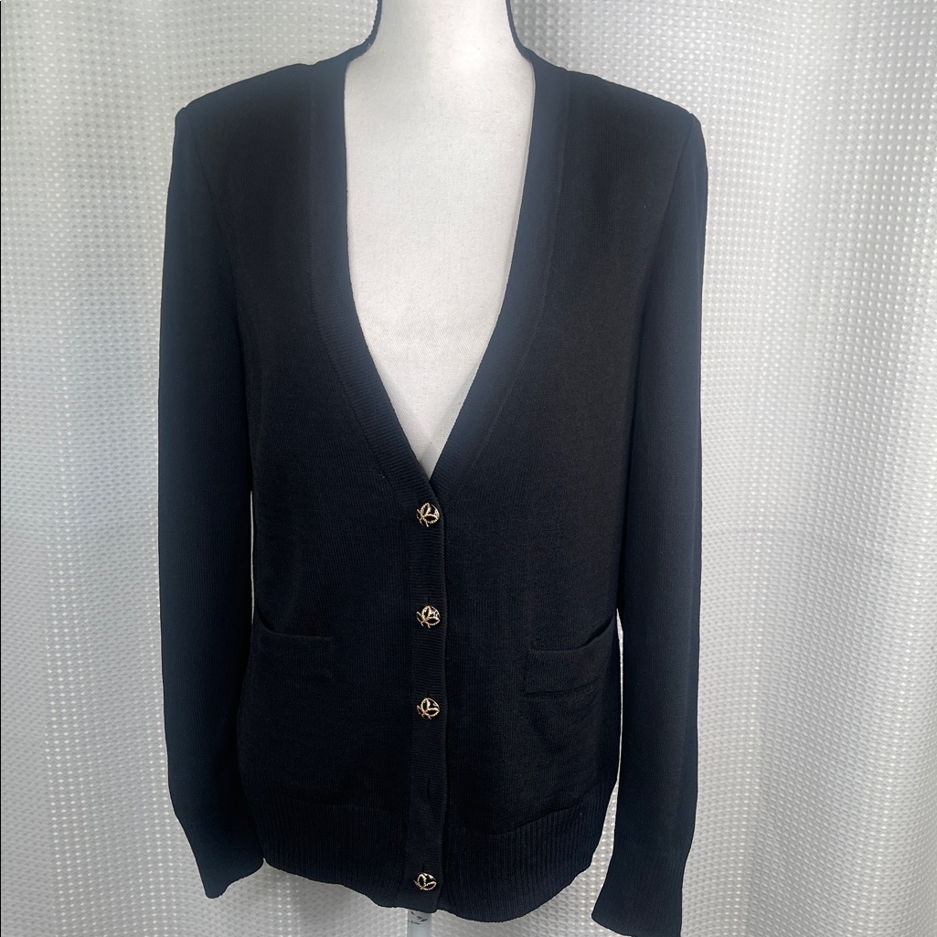 St. John Caviar Cardigan Sweater Wool Blend Pockets Metal Buttons Sz M